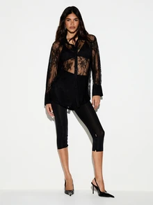 KIZN Floral Lace See-Through Oversized Button-Down Collared Shirt With Long Sleeves And High-Low Hem Sheer Overlay Top - Black - View 4