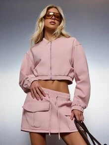 MISSGUIDED Cropped Bomber Jacket With Full Zip Closure Stand Collar Elasticated Hem And Cuffs Relaxed Oversized Fit Spring Summer Casual Outerwear - Pink - View 3