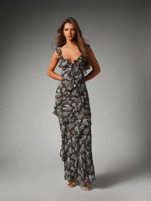 MISSGUIDED Paisley Print Chiffon Maxi Dress With Ruffle Trim Plunge Neckline Open Back Tie Detail Mermaid Silhouette Evening Gown - Coffee - View 4