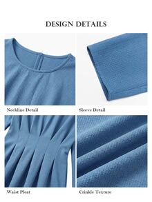 ELLERISSA Gaun A-Line Bertekstur Lengan Panjang Leher Bulat Warna Biru Ukuran Plus - Biru - View 6