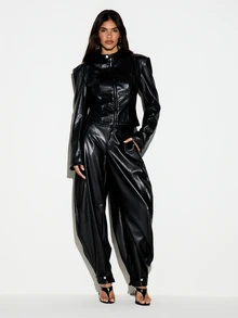 KIZN Faux Leather Balloon Pants With Cuffed Ankles And Button Detail High Shine Finish Baggy Fit Party Night Out - Black - View 3
