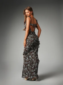 MISSGUIDED Paisley Print Chiffon Maxi Dress With Ruffle Trim Plunge Neckline Open Back Tie Detail Mermaid Silhouette Evening Gown - Coffee - View 3