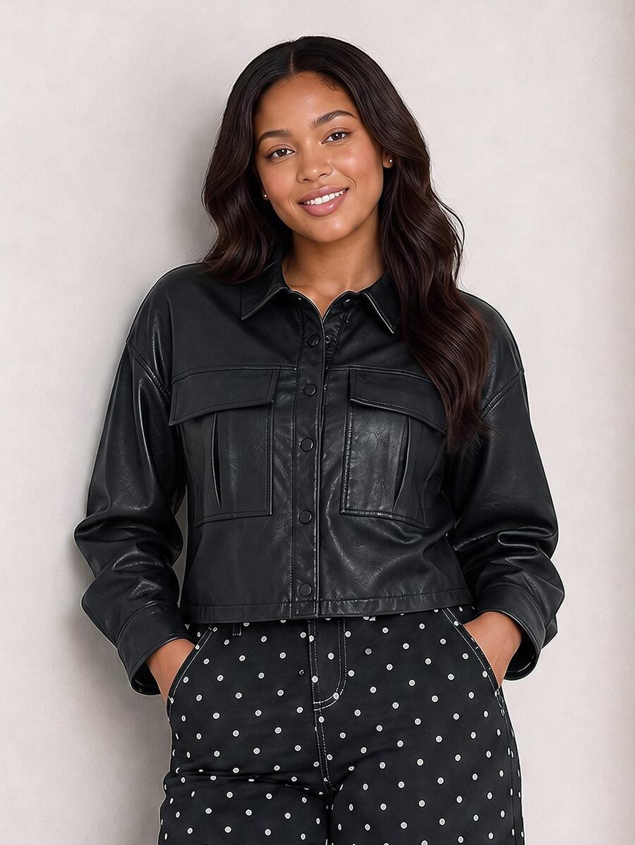 ELLERISSA Plus Size Black Collared Long Sleeve Button Front Faux Leather Shirt Jacket Winter - Black - View 1