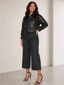 ELLERISSA Plus Size Black Collared Long Sleeve Button Front Faux Leather Shirt Jacket Winter - Black - View 4