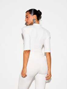 KIZN V-Neck Padded Shoulder Ruched Wrap Top With Elbow Sleeves And Asymmetric Hem For Spring Party Night Out - White - View 2