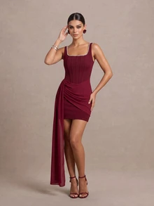 QUIZ Burgundy Diamante Trim Square Neck Corset Bodice Draped Sash Mini Dress, Dresses For Women, Wedding Guest Dress Women, Prom Dress, Party Dress, Special Occasion Formal Dress, Summer Dresses For Women, Summer Outfits For Women, Vacation Outfits Women - Burgundy - View 1