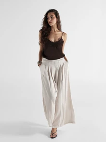 KSTM High Rise Pleated Palazzo Trousers With Satin Finish Wide Leg Full Length Dress Pants With Side Pockets Elegant Summer Evening Style - Apricot - View 2