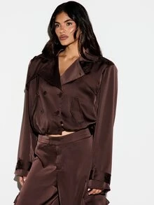 KIZN Cropped Satin Trench Jacket Double Breasted Lapel Collar Welt Pockets Long Sleeve Button Closure Luxe Outerwear - Brown - View 5