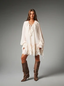 MISSGUIDED Cream Boho Mini Dress With Lace Trim Ruffle Hem Puff Sleeves Lace-Up V-Neck Tiered Skirt Summer Wedding Guest - Apricot - View 4
