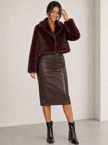 ELLERISSA Plus Size Burgundy Notched Collar Long Sleeve Cropped Faux Fur Coat - Burgundy - View 5