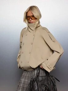 MISSGUIDED Jaket Militer Double-Breasted Ukuran Besar dengan Kerah Tegak, Detail Epaulette, Saku Tempel, dan Hem Elastis untuk Musim Gugur dan Musim Dingin - Unta - View 4