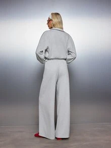 MISSGUIDED Setelan Santai Musim Gugur/Musim Dingin yang Terdiri dari Sweatshirt Berkerah Model Wrap Pendek dan Celana Panjang Kasual Berpinggang Tinggi dengan Potongan Lebar - Light Grey - View 7