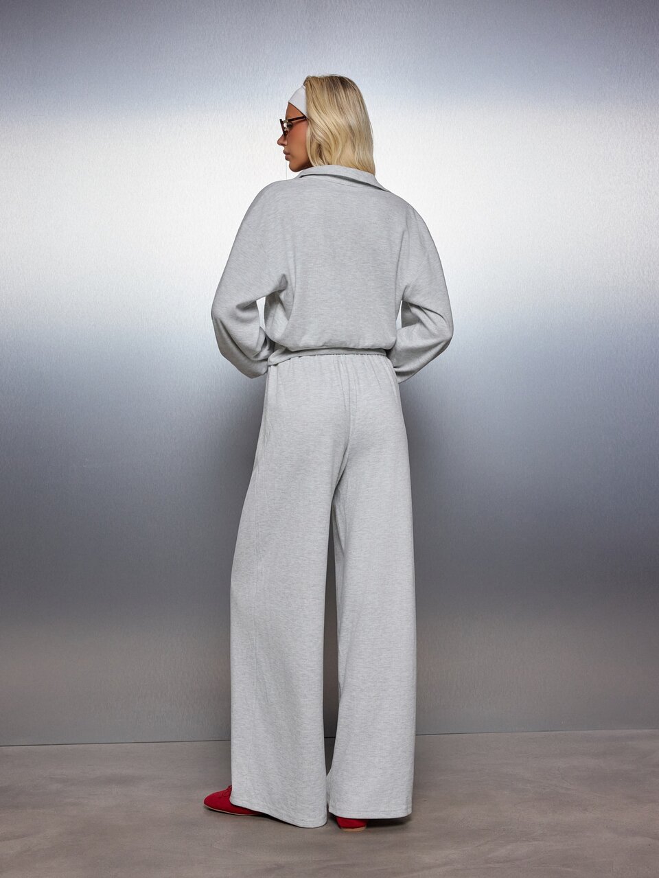 MISSGUIDED Cropped Wrap-Style Collared Sweatshirt And Wide Leg High Rise Casual Pants Co-Ord Lounge Set Autumn Winter