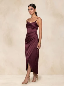 QUIZ Burgundy Satin Cowl Neck Corset Midaxi Dress With Ruched Wrap Skirt And Front Split, Elegant Long Dress, Wedding Guest Dress Women, Prom Dress, Party Dress, Summer Dresses For Women, Vacation Outfits Women, Weekend Out Dress - Red - View 6