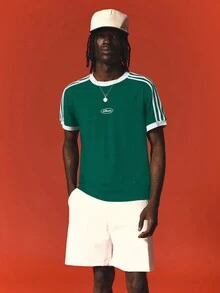 SUMWON Classic Three Stripe Crew Neck Short Sleeve Jersey Tee With Contrast Shoulder Stripes And Ribbed Cuffs - Green - View 5