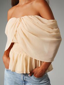 MISSGUIDED Cold Shoulder Chiffon Draped Blouse With Smocked Waist And Peplum Ruffle Hem Summer Party Top - Apricot - View 5