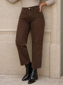 ELLERISSA Plus Size Brown High Waist Mom Jeans - Brown - View 1