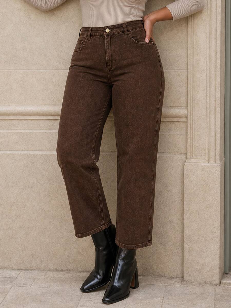 ELLERISSA Plus Size Brown High Waist Mom Jeans - Brown - View 1