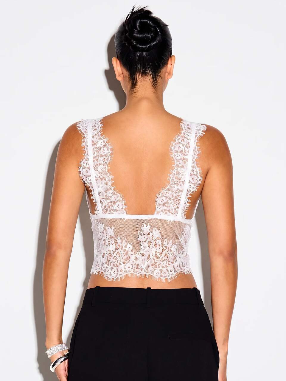KIZN Sheer Lace Crop Top With Deep V Neckline And Scalloped Hem