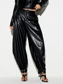 KIZN Faux Leather Balloon Pants With Cuffed Ankles And Button Detail High Shine Finish Baggy Fit Party Night Out - Black - View 1