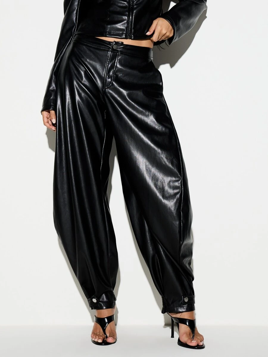 KIZN Faux Leather Balloon Pants With Cuffed Ankles And Button Detail High Shine Finish Baggy Fit Party Night Out - Black - View 1