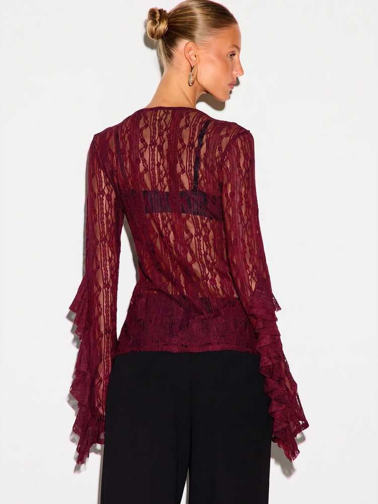 KIZN Lace Ruffle Front Tie Top With Bell Sleeves Deep V-Neck Sheer Floral Lace Party Night Out Holiday Occasion Blouse - Burgundy - View 3