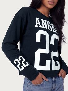 MISSGUIDED TEEN Navy Long Sleeve Graphic Top With ANGEL 22 Varsity Print Crew Neck Fitted Casual Everyday Top - Navy Blue - View 5