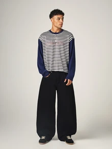 SUMWON Oversized Striped Long Sleeve Tee With Navy Contrast Sleeves And Chest Script Logo Print Crew Neck Casual Top - Blue and White - View 3