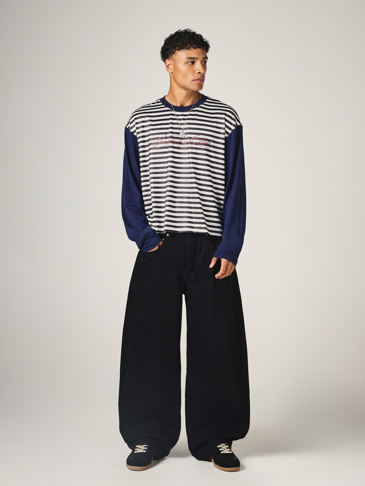 SUMWON Oversized Striped Long Sleeve Tee With Navy Contrast Sleeves And Chest Script Logo Print Crew Neck Casual Top - Blue and White - View 3