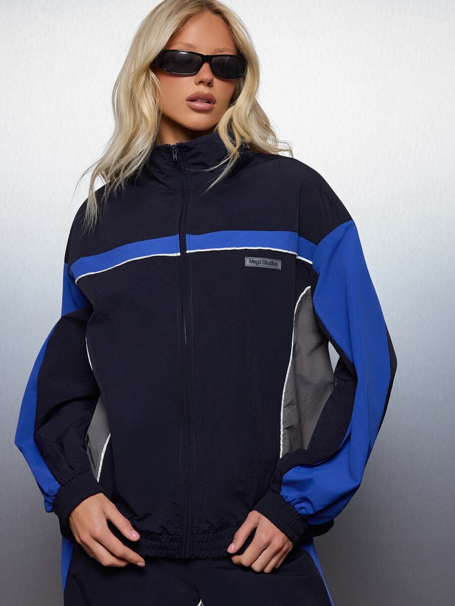 MISSGUIDED 配色拼接防風夾克,立領設計,對比色滾邊,彈性袖口,全開襟拉鍊,復古運動風 - 藍色 - 查看 1