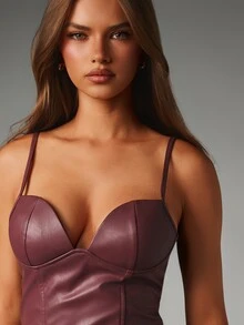MISSGUIDED Faux Leather Sweetheart Corset Top With Adjustable Straps And Back Zipper Closure Structured Boned Bodice Crop Style - Burgundy - View 5
