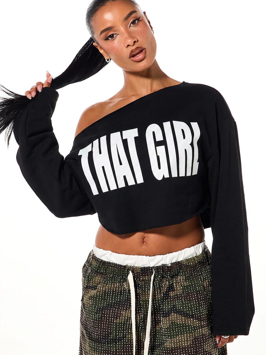 SUMWON WOMEN Oversized Off-Shoulder Crop Sweatshirt With Bold Front Graphic Print And Long Sleeves For Fall Winter - Black - View 1