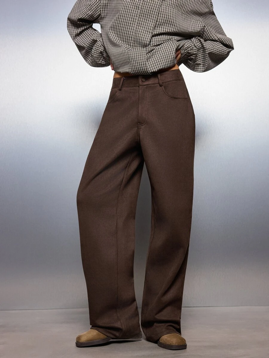 MISSGUIDED Celana Panjang Model Lebar Pinggang Tinggi Bahan Campuran Wol dengan Saku Tempel, Celana Panjang Pas Badan, Cocok untuk Musim Gugur dan Musim Dingin, Warna Cokelat Tua - Coffee Brown - View 1