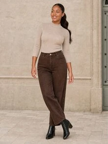 ELLERISSA Plus Size Brown High Waist Mom Jeans - Brown - View 3