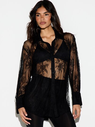 KIZN Floral Lace See-Through Oversized Button-Down Collared Shirt With Long Sleeves And High-Low Hem Sheer Overlay Top