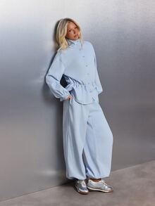 MISSGUIDED Oversized High Neck Button-Up Shirt And Wide Leg Elastic Ankle Co-Ord Set With Ruched Waist Peplum Detail - Baby Blue - View 1