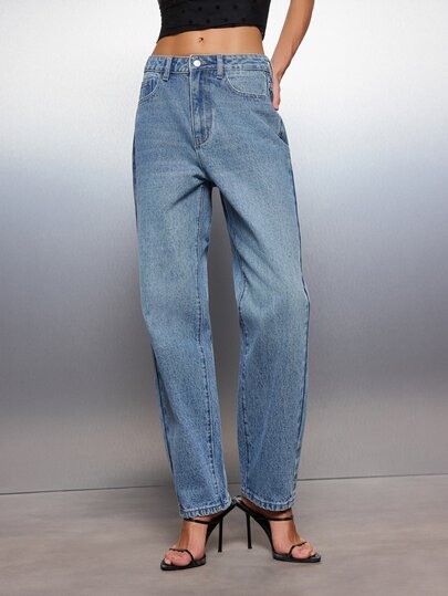 MISSGUIDED Light Wash Straight Leg Baggy Jeans Mid Rise Full Length Relaxed Fit Denim Pants Spring Summer Casual Everyday Style
