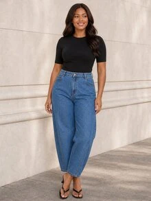 ELLERISSA Plus Size Medium Wash High Waist Slim Barrel Leg Jeans - Medium Wash - View 5