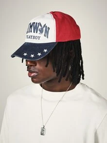 PLAYBOY X SUMWON Collab Color Block Snapback Cap With Star Print Brim And Bunny Logo Americana Style Hat - Red and navy blue - View 3