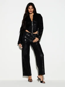 KIZN Black Metallic Shimmer Wide Leg Jeans Low Rise Full Length Velvet Coated Denim Party Night Out Holiday Season - Blue - View 3