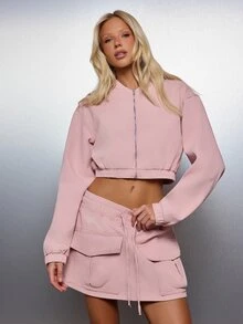 MISSGUIDED Cropped Bomber Jacket With Full Zip Closure Stand Collar Elasticated Hem And Cuffs Relaxed Oversized Fit Spring Summer Casual Outerwear - Pink - View 2