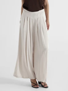 KSTM High Rise Pleated Palazzo Trousers With Satin Finish Wide Leg Full Length Dress Pants With Side Pockets Elegant Summer Evening Style - Apricot - View 1