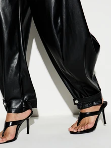 KIZN Faux Leather Balloon Pants With Cuffed Ankles And Button Detail High Shine Finish Baggy Fit Party Night Out - Black - View 5