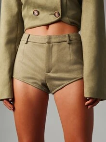 MISSGUIDED Celana Pendek Mini Bahan Suede Imitasi Pinggang Tinggi Pas Badan dengan Lubang Sabuk dan Saku Samping Gaya Pesta Musim Panas untuk Festival - Hijau - View 1