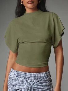 MISSGUIDED Mock Neck Crop Top With Flutter Sleeves And Ruched Waist Detail - Fitted Cropped Tee For Summer And Spring - Army Green - View 2