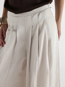KSTM High Rise Pleated Palazzo Trousers With Satin Finish Wide Leg Full Length Dress Pants With Side Pockets Elegant Summer Evening Style - Apricot - View 6