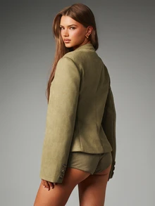MISSGUIDED Double Breasted Military Jacket With Stand Collar Tortoiseshell Buttons Fitted Suede Texture Hip Length Autumn Winter Outwear - Army Green - View 3