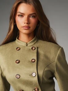 MISSGUIDED Double Breasted Military Jacket With Stand Collar Tortoiseshell Buttons Fitted Suede Texture Hip Length Autumn Winter Outwear - Army Green - View 5