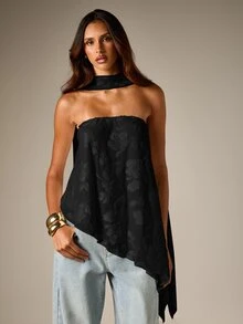 AiiRZ Strapless Halter Neck Jacquard Top With Asymmetric Handkerchief Hem And Open Back Scarf Detail - Black - View 1
