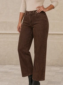 ELLERISSA Plus Size Brown High Waist Mom Jeans - Brown - View 5